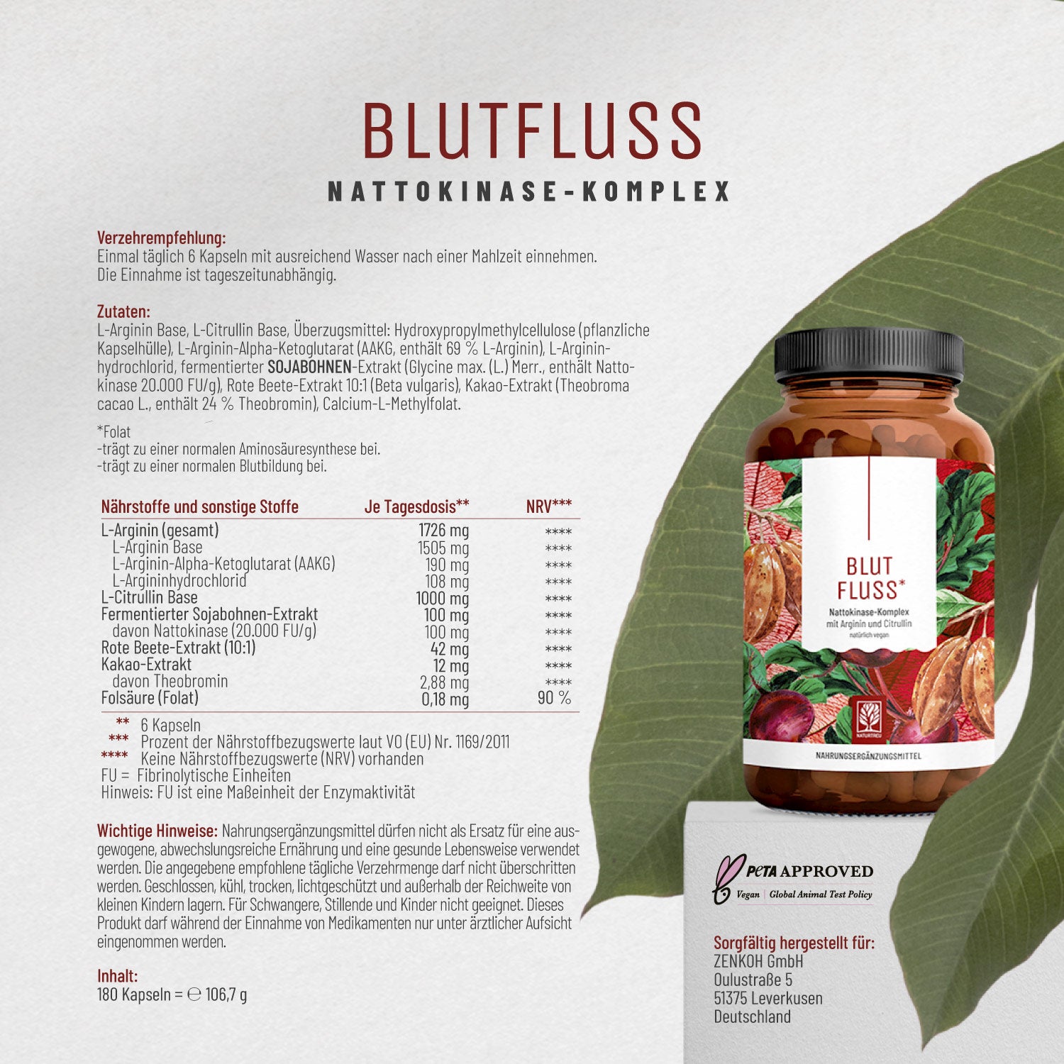 Blutfluss Nattokinase-Komplex mit Arginin und Citrullin Etikett 01