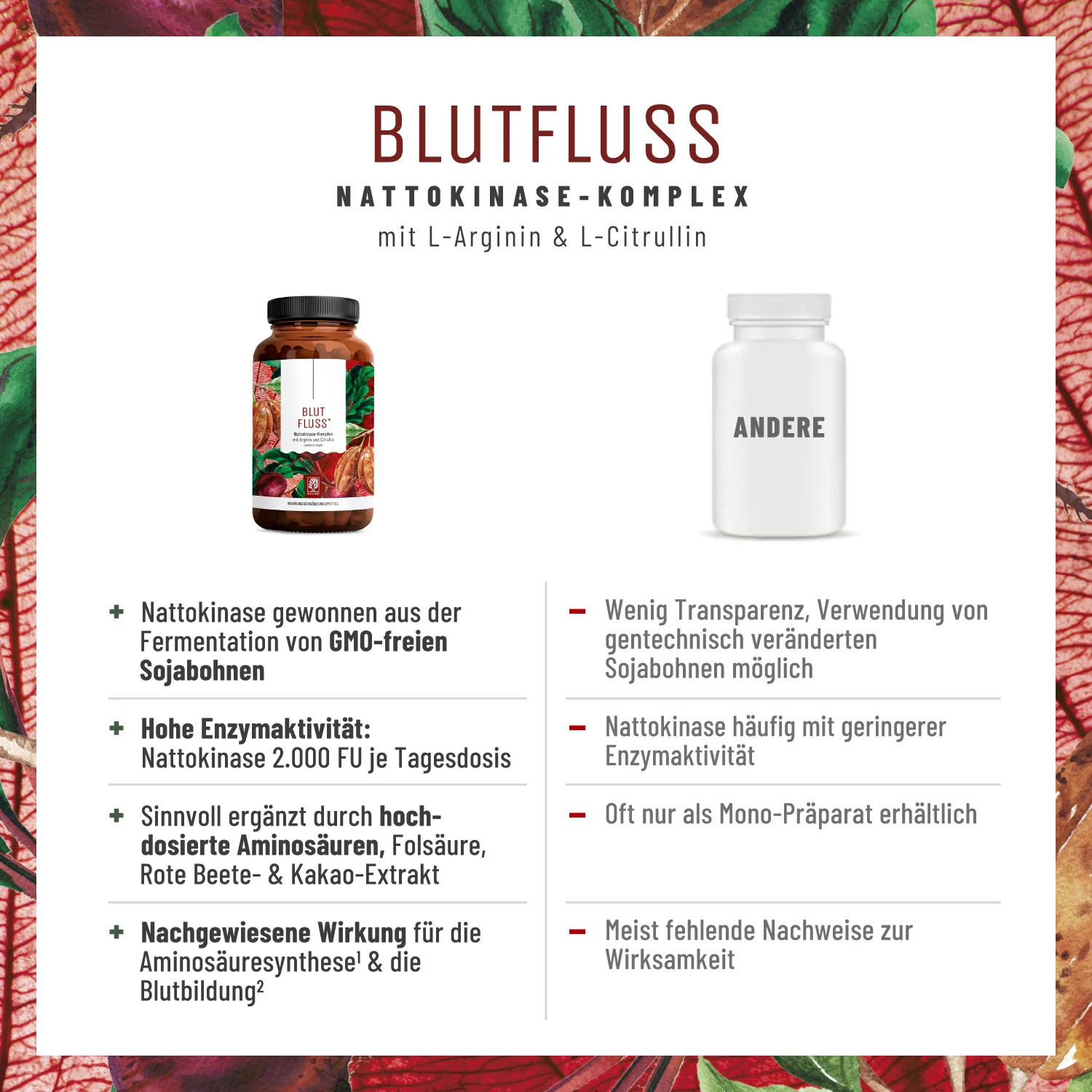 Blutfluss Nattokinase-Komplex mit Arginin und Citrullin Vergleichstabelle