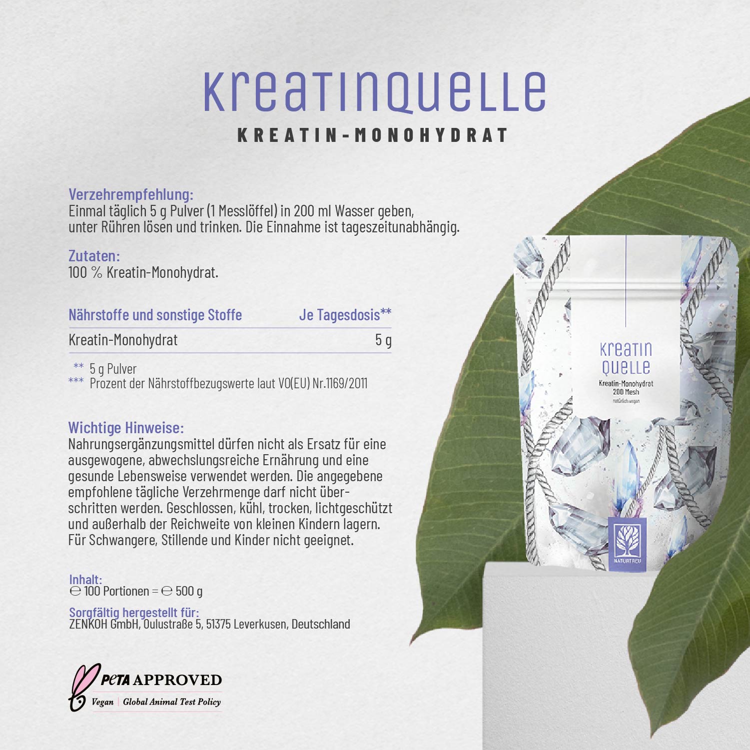 Kreatinquelle Kreatin-Monohydrat Etikett