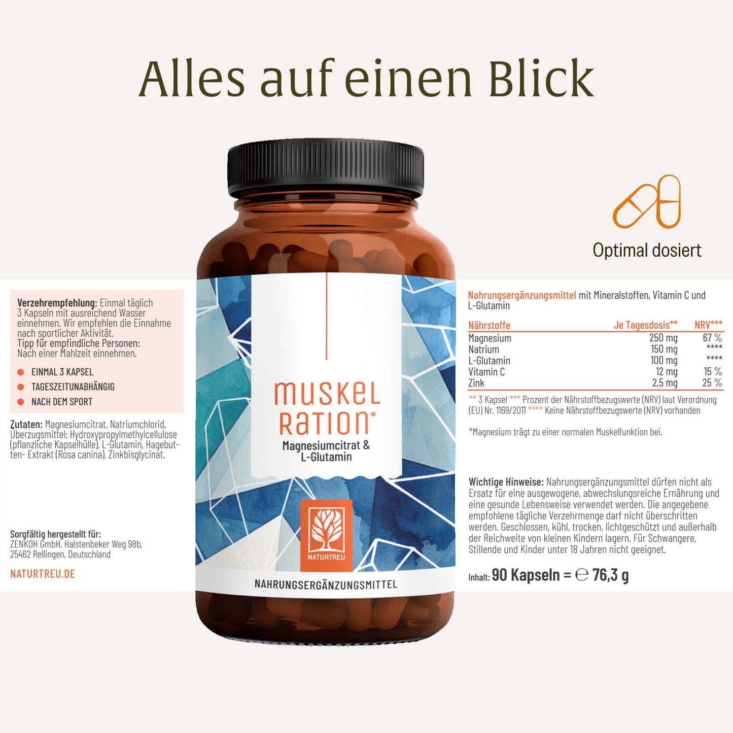 Muskelration Magnesiumcitrat L-Glutamin Etikett