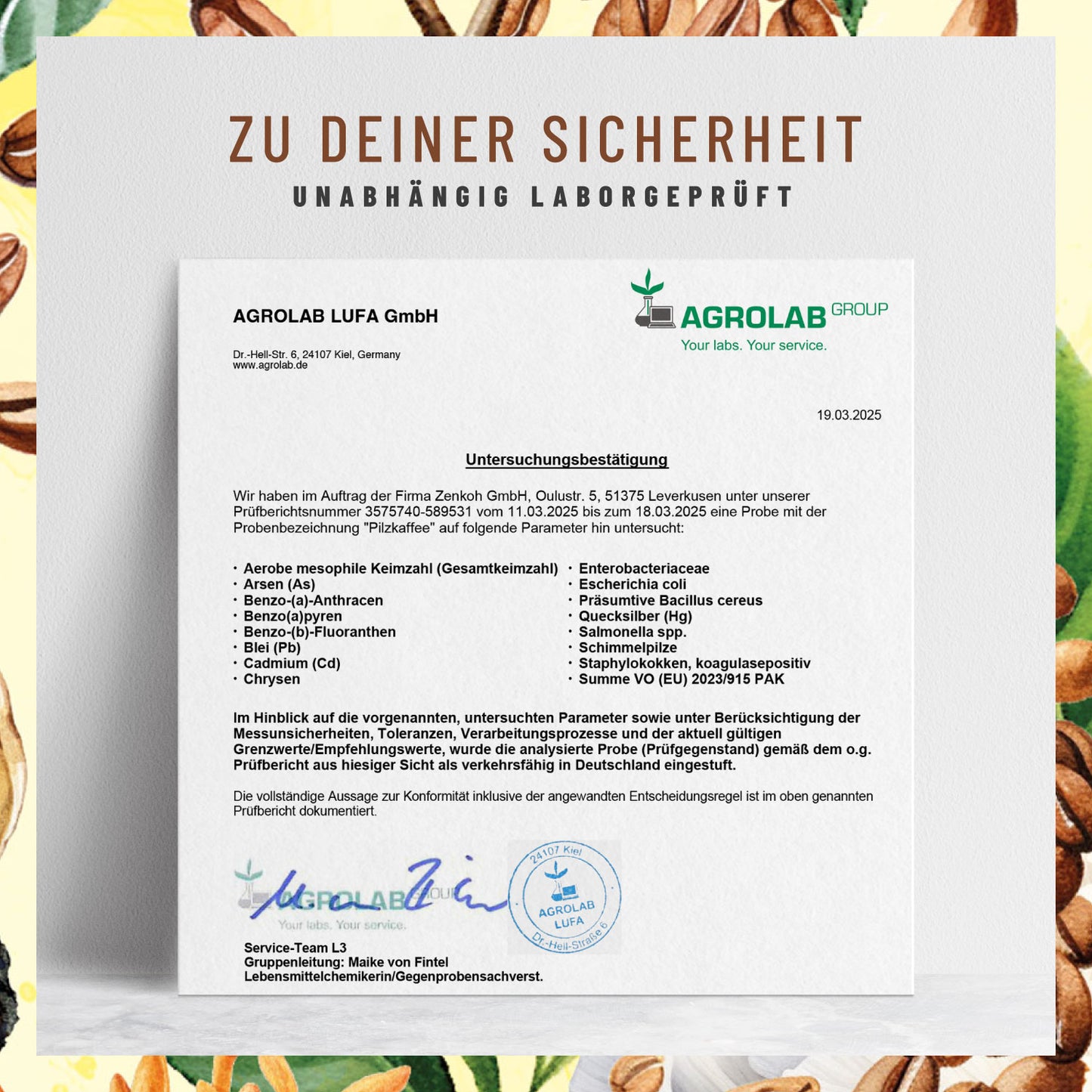 Pilzkaffee Kaffeegetraenkepulver Laborzertifikat