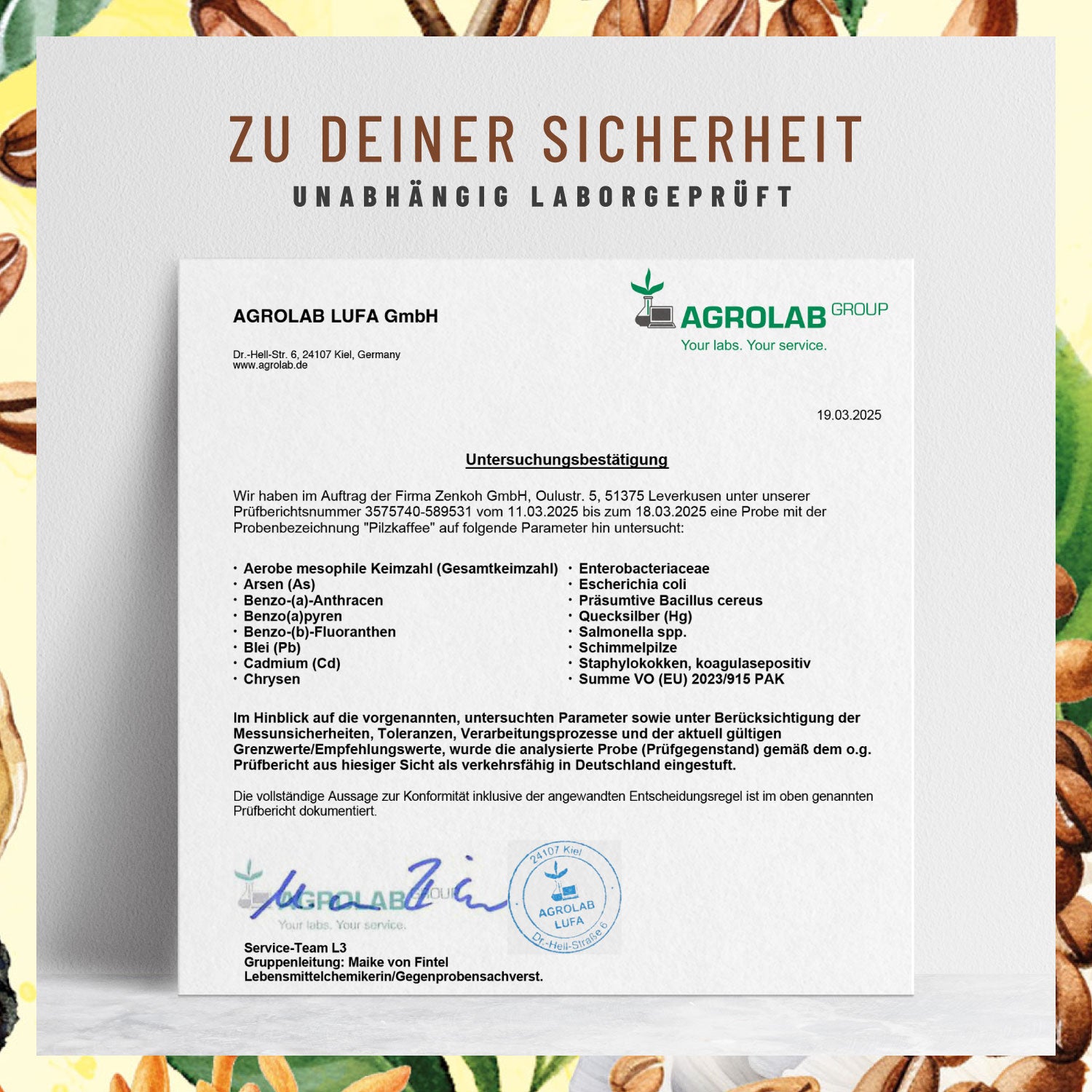Pilzkaffee Kaffeegetraenkepulver Laborzertifikat