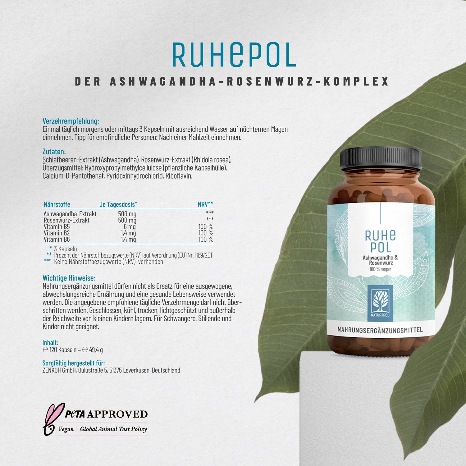 Ruhepol Ashwagandha-Rosenwurz Etikett