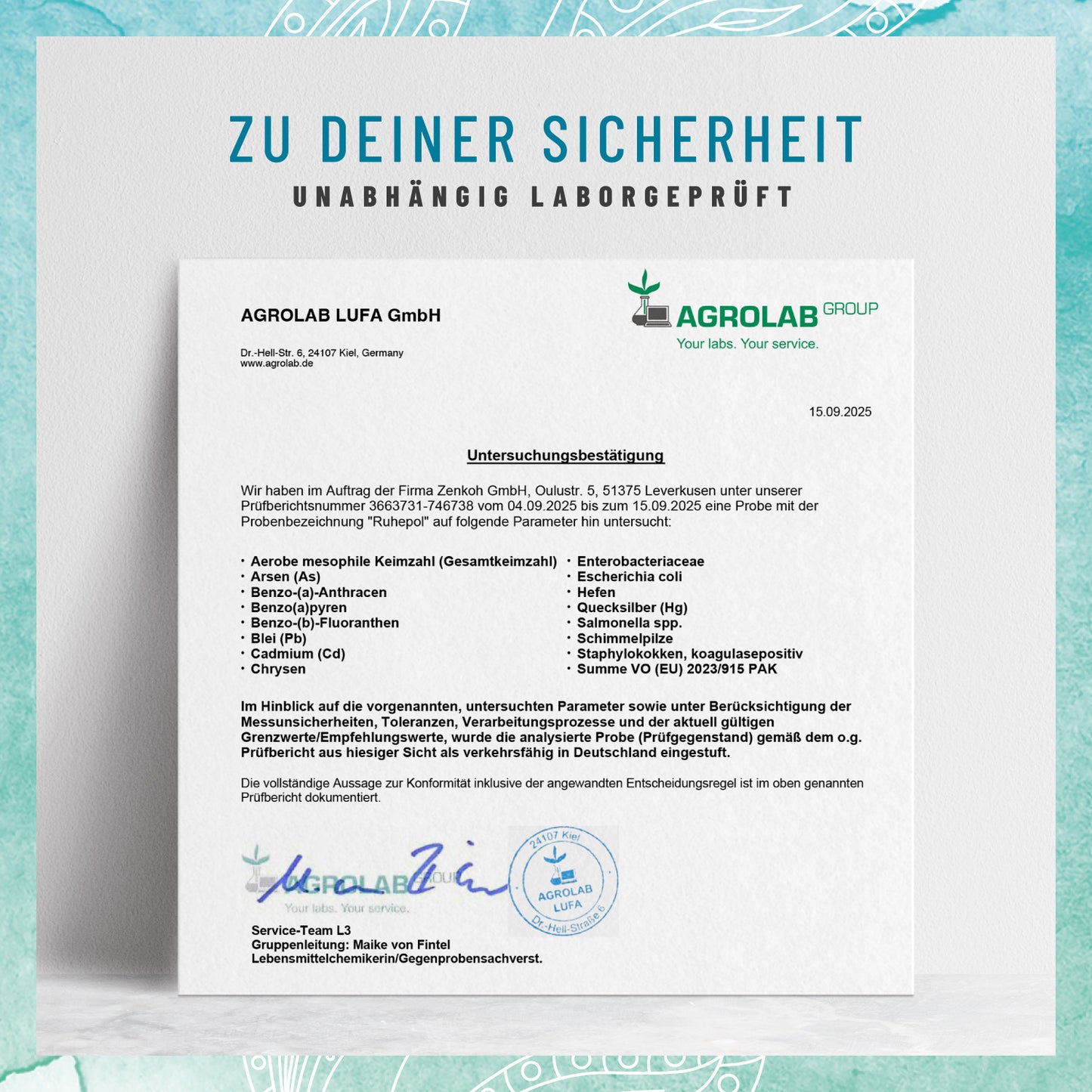 Ruhepol Ashwagandha-Rosenwurz Laborzertifikat