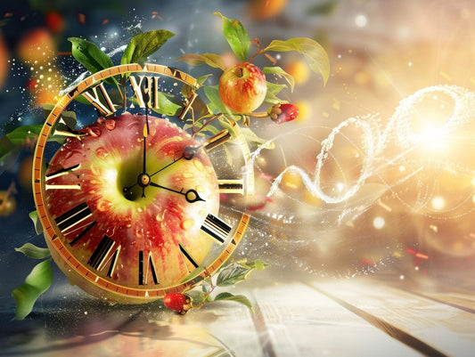 Frischer Apfel, gestaltet als Uhr, stellvertretend für eine stets gute Gesundheit