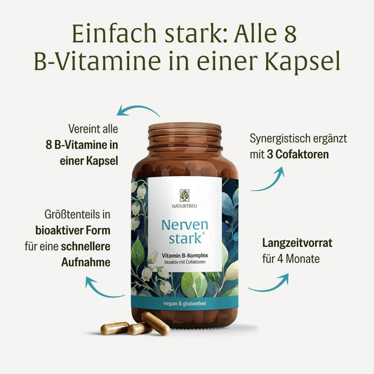 Alle Vorteile der Nervenstark Vitamin B Komplex Kapseln von NATURTREU im Überblick: 8 B-Vitamine und 3 Cofaktoren mit nachgewiesener Wirkung für Nerven, Energie und Psyche.