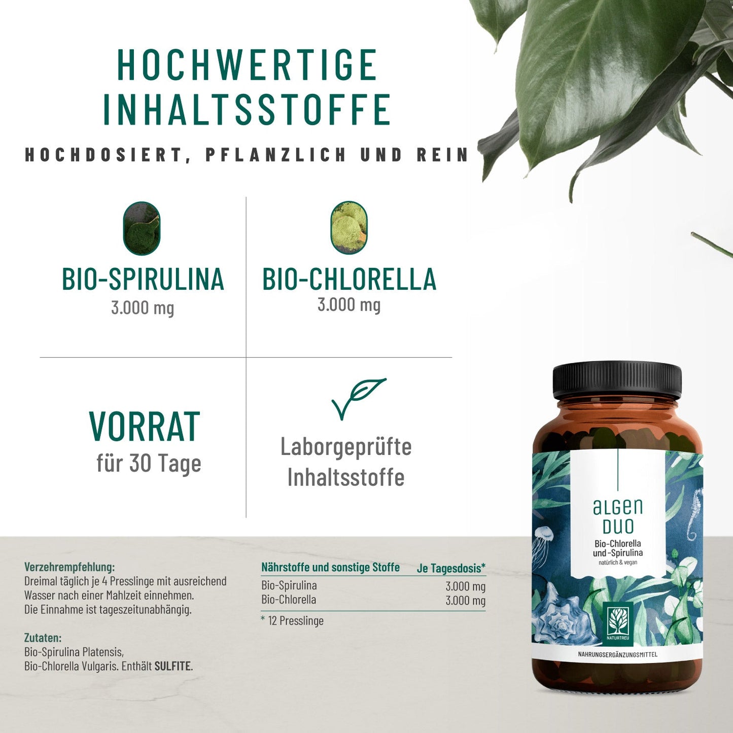 Algenduo Bio-Chlorella und-Spirulina Hochwertige Inhaltsstoffe