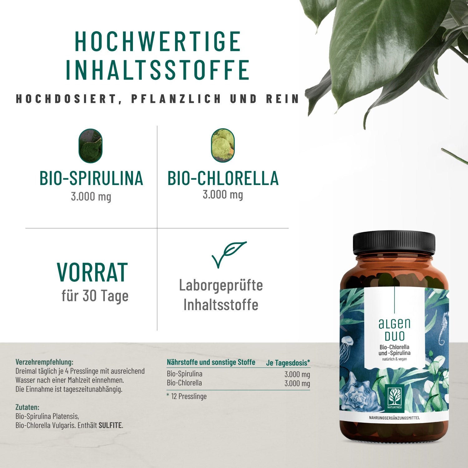 Algenduo Bio-Chlorella und-Spirulina Hochwertige Inhaltsstoffe