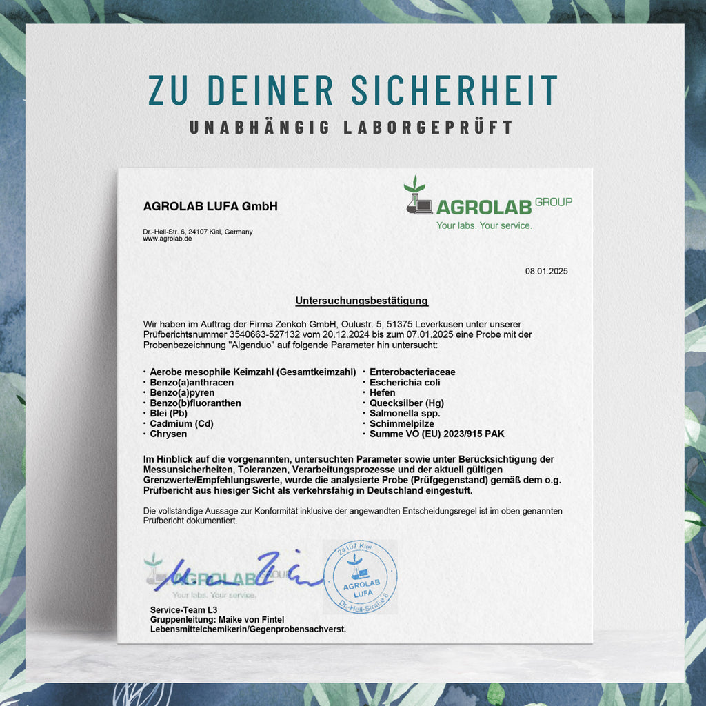 Algenduo Bio-Chlorella-und-Spirulina Laborzertifikat 