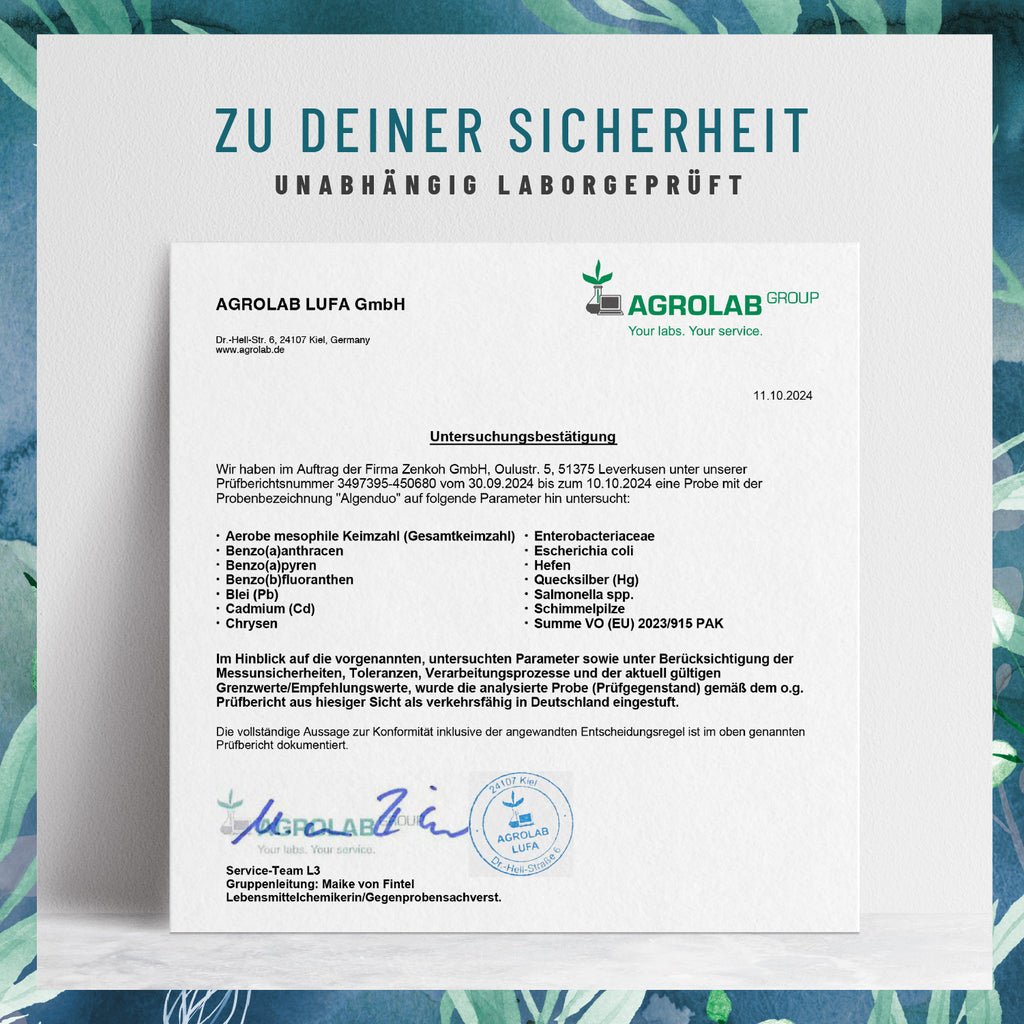 Algenduo Bio Chlorella und Spirulina Laborzertifikat