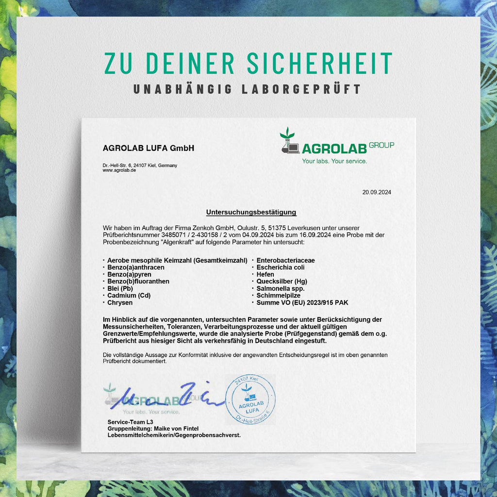 Algenkraft Omega-3 Algenoel DE Laborzertifikat 