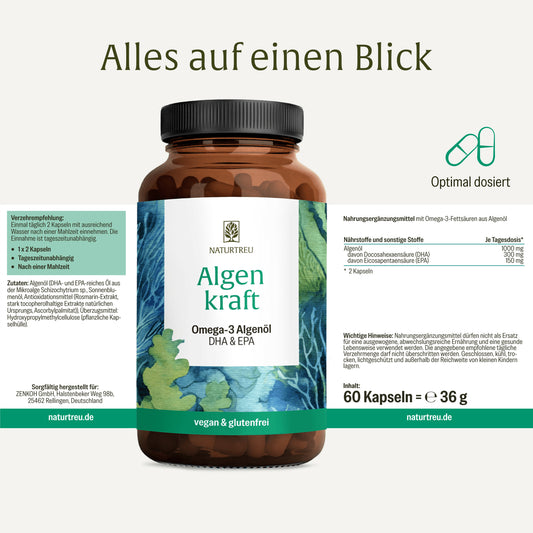 Etikett Algenkraft Omega 3 Algenöl Kapseln von NATURTREU: Nährwertangaben, Inhaltsstoffe + Verzehrempfehlung 