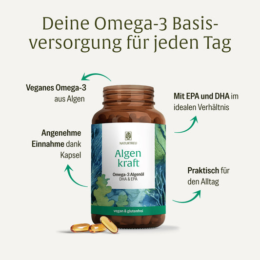 Alle Vorteile der Algenkraft Omega 3 Algenöl Kapseln von NATURTREU im Überblick: Veganes Algenöl in praktischer Kapselform 