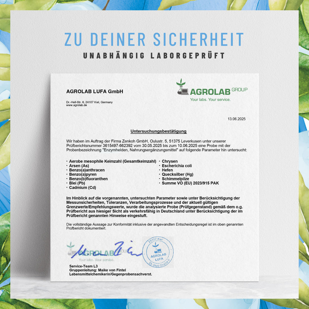 Enzymhelden Enzym-Komplex Laborzertifikat