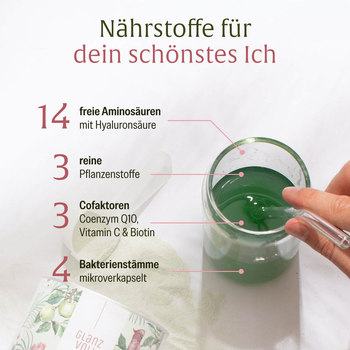 Glanzvoll: Vegane Kollagen-Bildungsunterstützung* mit Vitamin C, Hyaluron, Q10 & D-Biotin