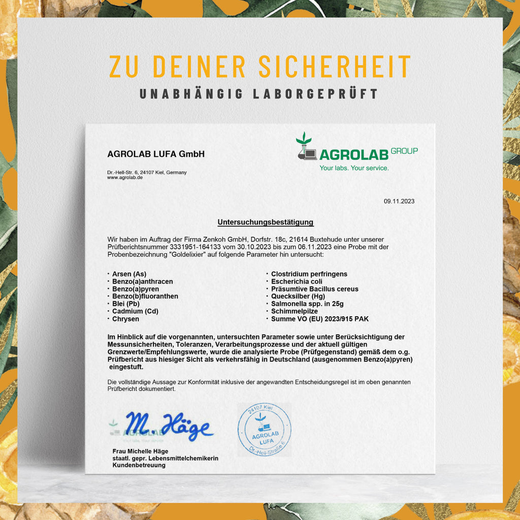 Goldelixier Goldene-Milch Laborzertifikat