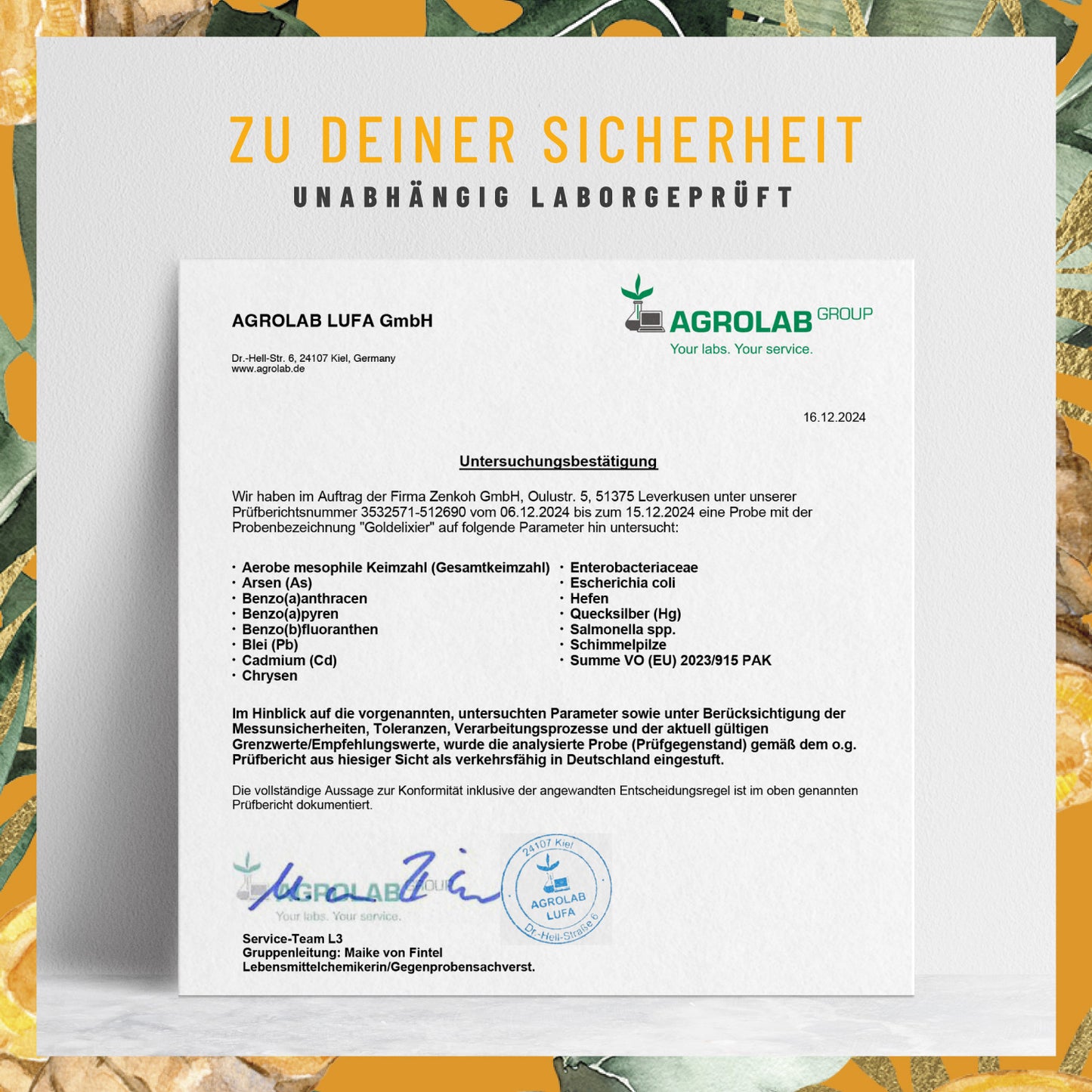 Goldelixier Goldene Milch Laborzertifikat