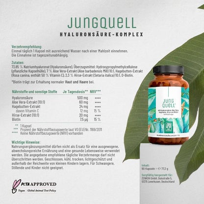 Jungquell mit-Hyaluronsaeure-Aloe-Vera-Hagebutte-Hirse-Biotin Etikett 