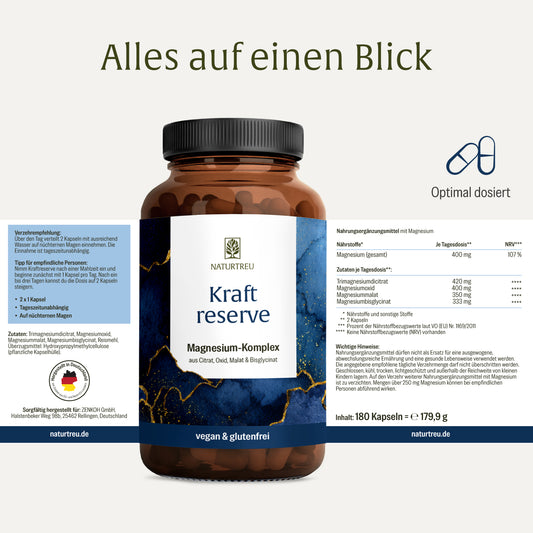 Etikett Kraftreserve Magnesium Komplexes von NATURTREU: Nährwertangaben, Inhaltsstoffe + Verzehrempfehlung 