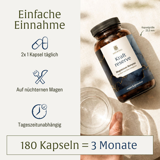 Anwendung: Einfach über den Tag verteilt 2 Kraftreserve Magnesium Kapseln von NATURTREU einnehmen 