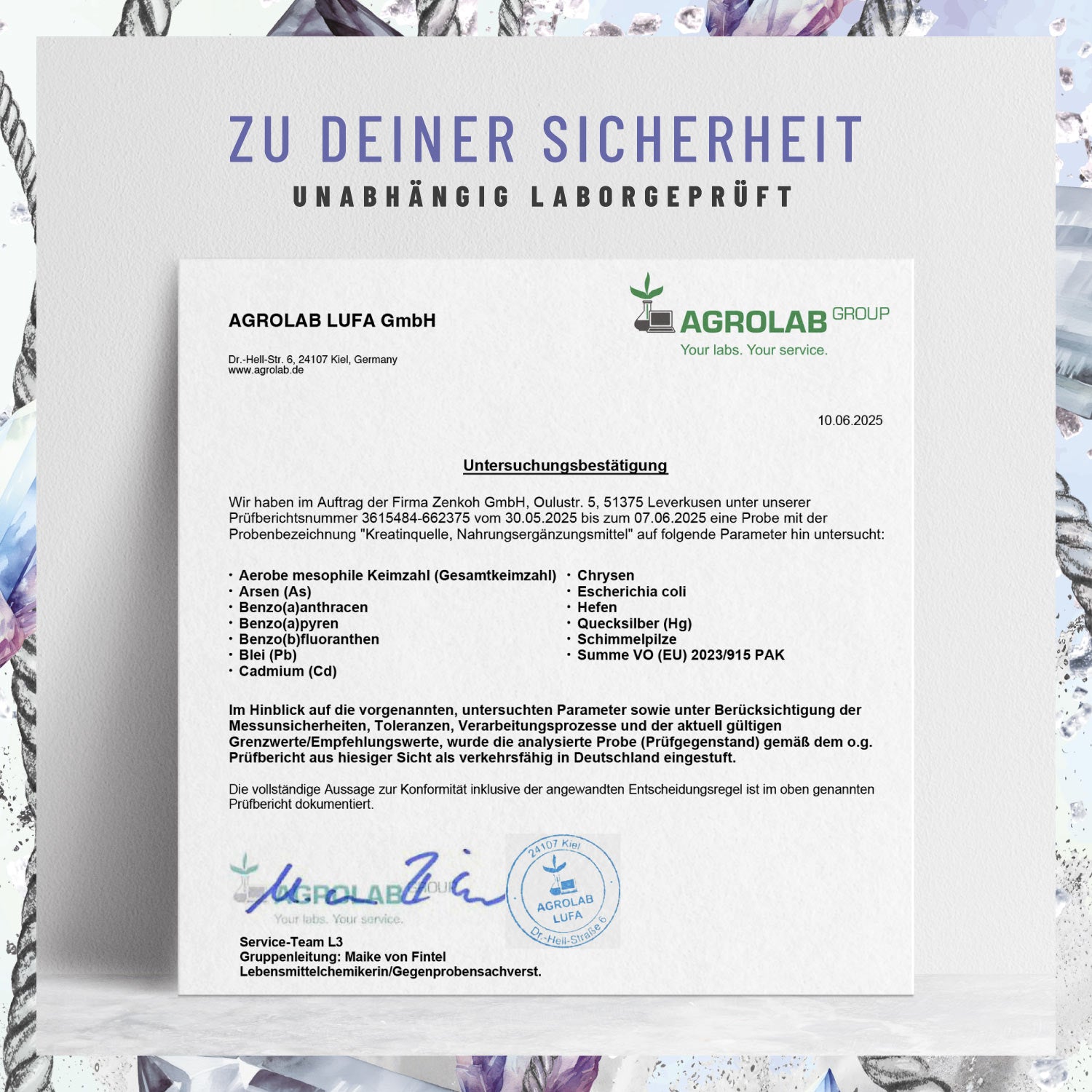 Kreatinquelle Kreatin-Monohydrat Laborzertifikat