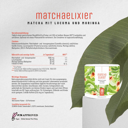 Matchaelixier Matcha Pulver Lucuma Morninga Etikett 01