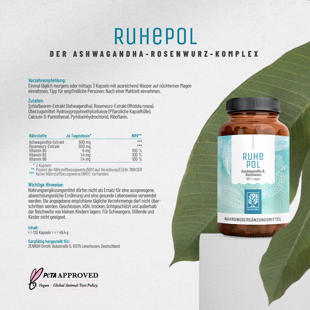 Ruhepol Ashwagandha-Rosenwurz Etikett 