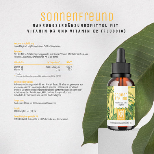 Etikett Sonnenfreund Vitamin D3 K2 Tropfen von NATURTREU: Nährwertangaben, Inhaltsstoffe + Verzehrempfehlung.