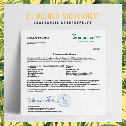 Laborzertifikat für NATURTREU Sonnenfreund – Qualitätsprüfung und Reinheit bestätigt.