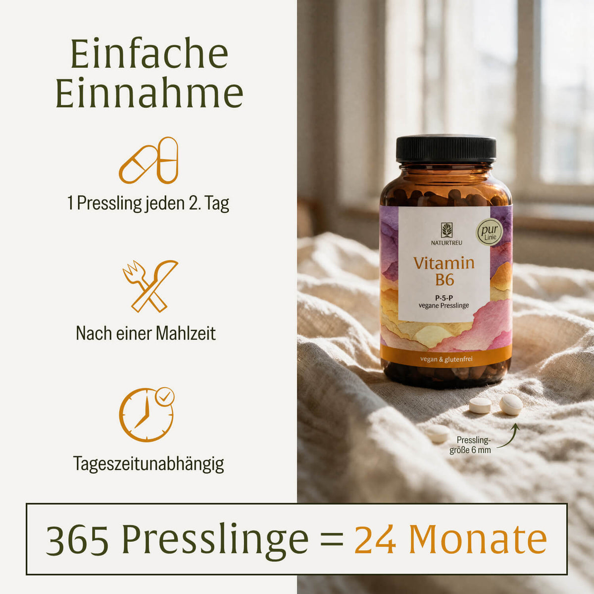 Vitamin B6: Presslinge mit bioaktivem Pyridoxal-5’-Phosphat und Akazienfaser