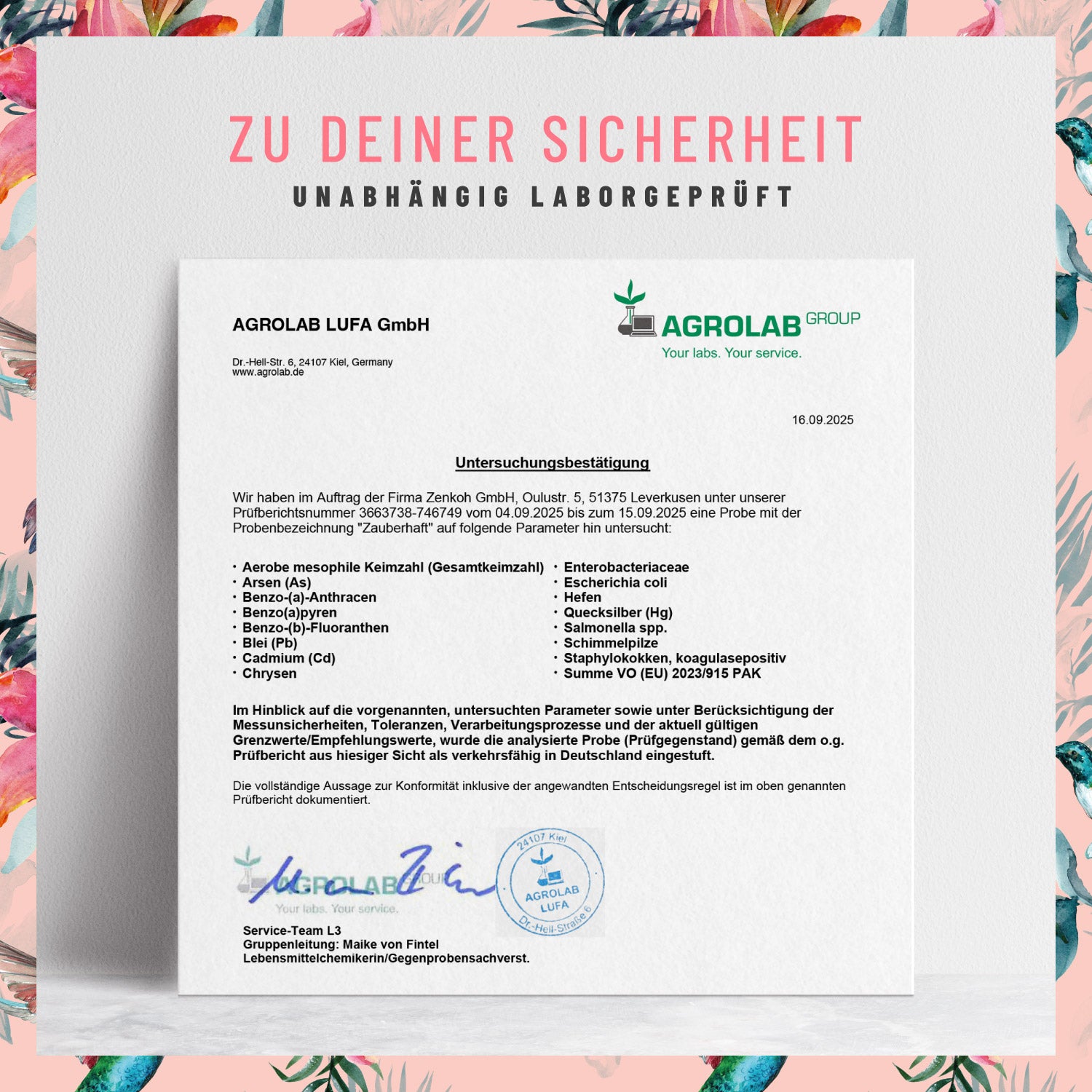 Zauberhaft Haut-Haare-Naegel Laborzertifikat